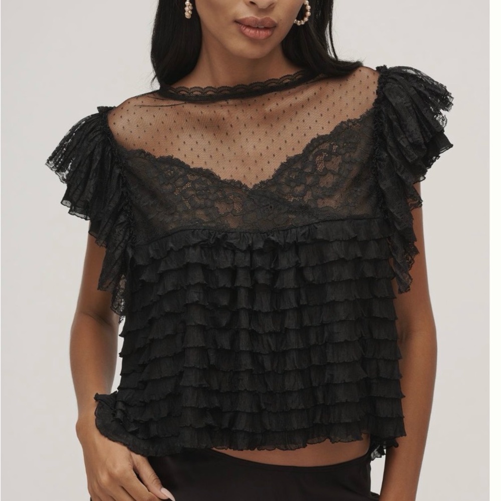 Maeve sheer ruffle lace blouse- black NWT medium